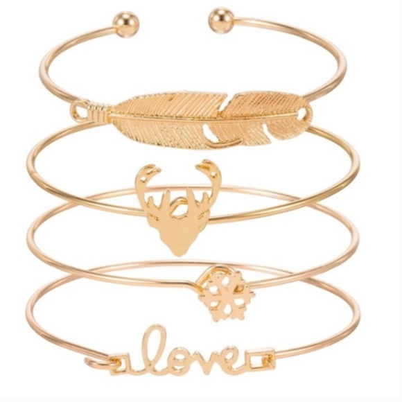 Jewelry - ❤HP❤ Gold Bangle Bracelet Set 4 Deer Love Leaf New